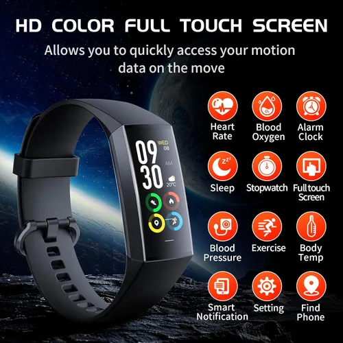 Vista 2 de Rastreador de actividad física con monitor de sueño de oxígeno en sangre y frecuencia cardíaca 24/7, monitor de actividad con pantalla táctil AMOLED
