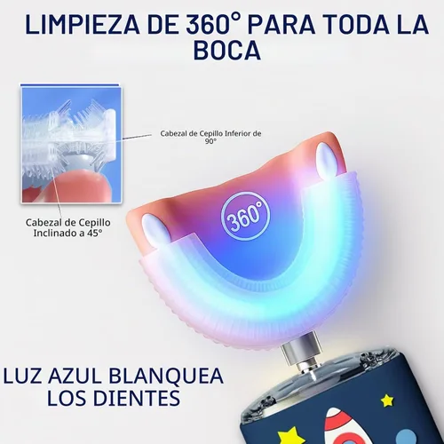 Vista 6 de Cepillo de dientes eléctrico en forma de U para niños, cepillo ultrasónico automático con 5 cabezales de cepillo, 6 modos de limpieza, impermeable