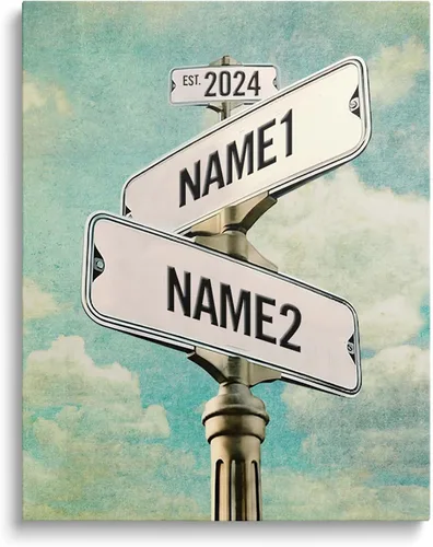Vista 17 de Lienzo de letrero de calle vintage personalizado para parejas, nombre y fecha personalizados con tema de nube en blanco y negro, regalo de boda