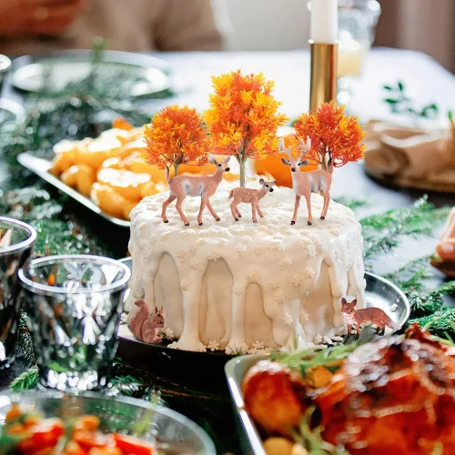Vista 3 de Kit de 10 figuras de animales del bosque, 5 ciervos artificiales de bosque, 5 árboles de arce en miniatura mixtos para decoración de pasteles