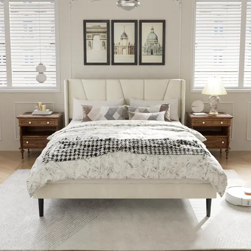 Vista 3 de HAOARA Base de cama tamaño matrimonial con cabecero, bases de cama tapizadas con plataforma de terciopelo, base de colchón contemporánea, Beige