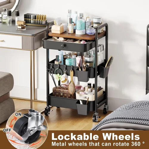 Vista 7 de Carrito de metal de 3 niveles con mesa y cajones de madera, carrito de almacenamiento negro sobre ruedas, organizador de carritos de arte de tres