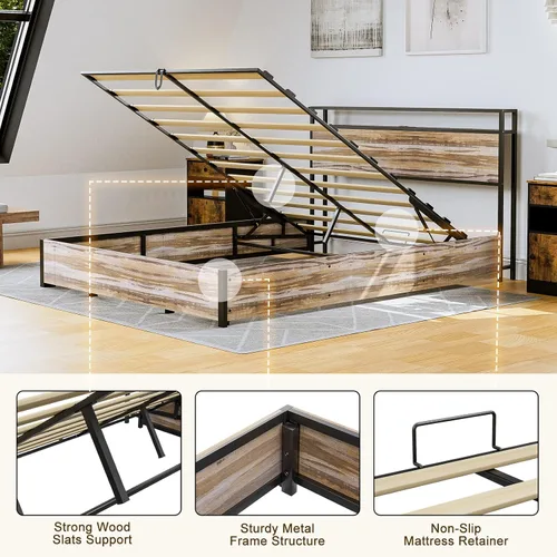 Vista 10 de IKIFLY Cama de almacenamiento elevable tamaño Queen, marco de cama de metal con estante de almacenamiento de 2 niveles y estación de carga, listones