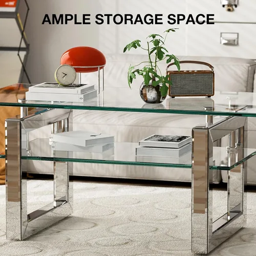 Vista 7 de IKIFLY Mesa de centro de cristal con tablas de vidrio de 2 niveles y patas de metal resistentes, mesa auxiliar rectangular de vidrio transparente