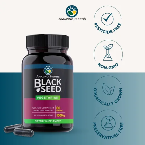 Vista 3 de Amazing Herbs Cápsulas de aceite de semilla negra, pastillas de aceite de semilla negra, cápsulas de aceite de semilla de comino negro, suplemento