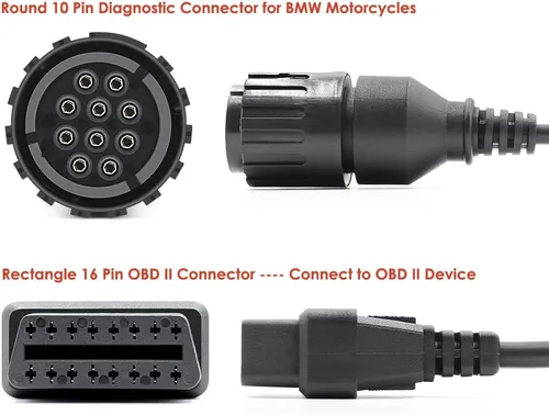 Vista 3 de Adaptador de diagnóstico OBD2 compatible con motocicletas BMW de 1996 a 2016 Conector redondo de 10 pines a cable hembra OBD II de 16 pines de 1 pie