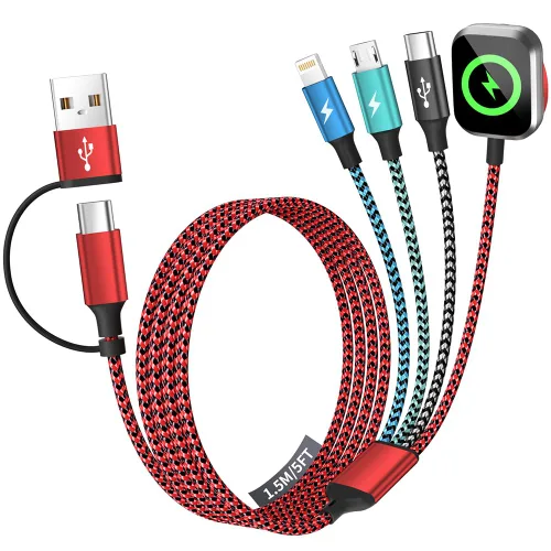 Vista 9 de Travel Essentials - Cable de carga múltiple 4 en 1 para cargador de reloj de iPhone, USB A a doble tipo C/IP/iWatch, cargadores de viaje