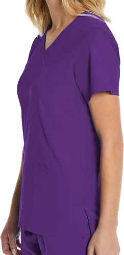 Vista 4 de Mock Wrap Scrub Top for Women 2 Pocket 4-Way Stretch for Medical Dental Spa EL9115