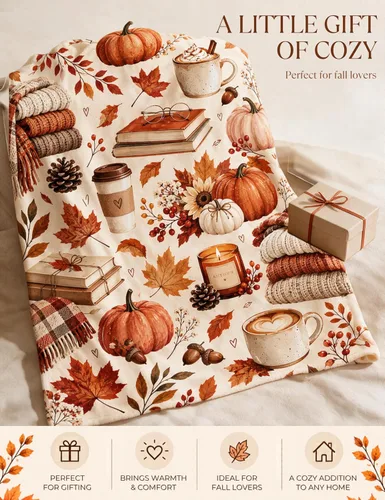 Vista 8 de Personalized Fleece&Sherpa Throw Blanket - Cozy Autumn Pumpkin Coffee Books (Fleece, 60 * 80)