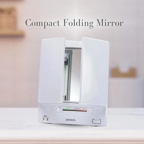 Vista 6 de JERDON Espejo de maquillaje de dos caras de tres pliegues con luces, espejo de tocador con aumento 5X-1X y múltiples ajustes de luz, color blanco