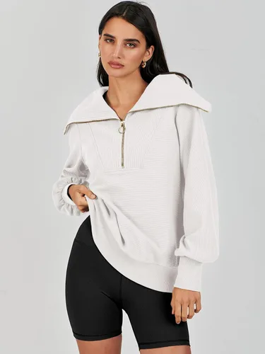 Vista 2 de ANRABESS Sudadera de manga larga con cremallera de un cuarto para mujer, sudadera de manga larga con media cremallera, moda 2024