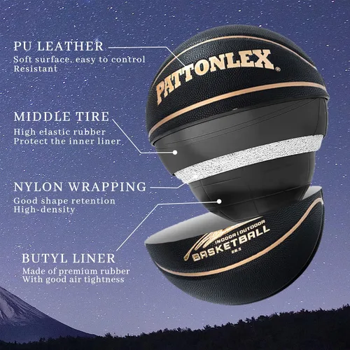 Vista 2 de Size 6 Basketball 28.5" Leather Ball for Women Youth Indoor Outdoor Negro dorado