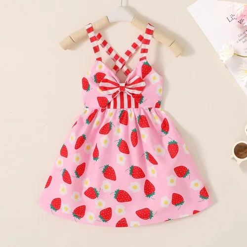 Vista 2 de Falda de verano para niñas pequeñas, vestido sin espalda con tirantes y estampado de helado Fresa
