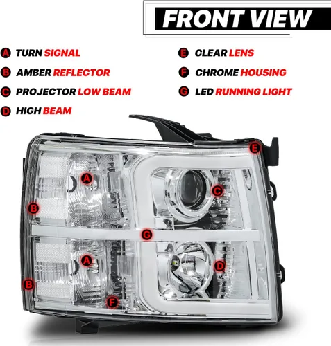 Vista 3 de M-AUTO Conjunto de faros proyector cromado con 2 pares de bombillas LED de 6000K preensambladas compatibles con Chevy Silverado 1500 07-13