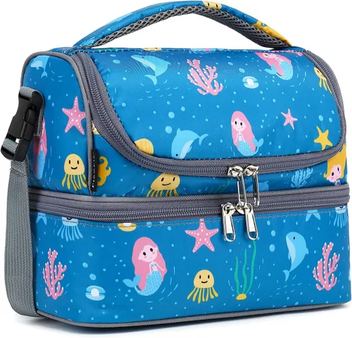Vista 28 de FlowFly Bolsa de almuerzo aislada de dos pisos para niños, niñas, hombres, mujeres, con correa ajustable, para automóvil