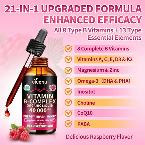 Vista 4 de VivoNu Gotas líquidas de complejo de vitamina B, vitamina B12 metilada de 6000 mcg, B1, B6, B3, B5, B2, folato, biotina con vitamina C D A E