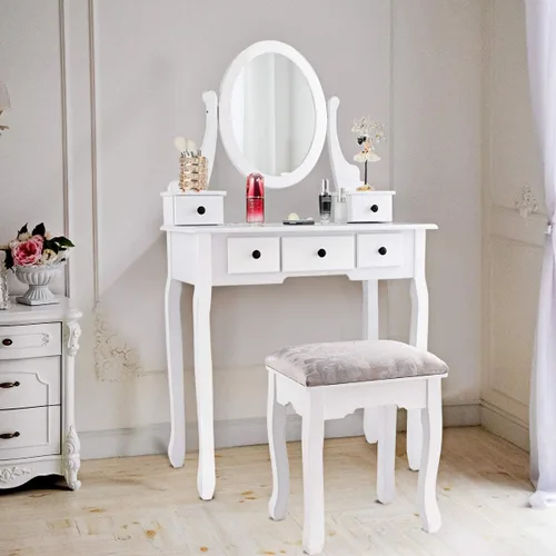 Vista 7 de MAT EXPERT Juego de mesa de tocador con espejo y cajón, tocador blanco con taburete acolchado, mesa organizadora de maquillaje con espejo giratorio