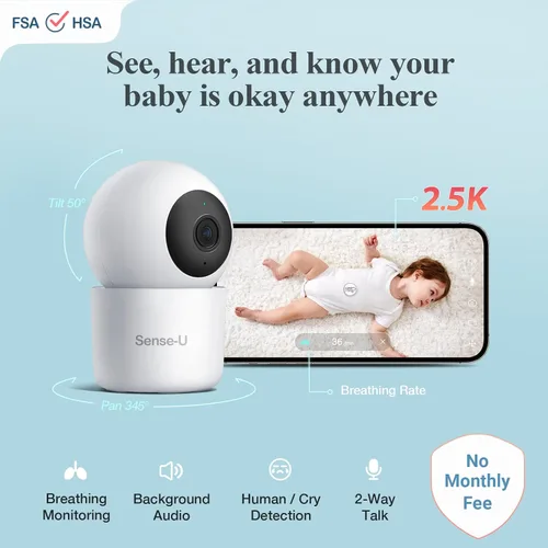 Vista 2 de Sense-U AI 2.5K PTZ Monitor de cámara para bebé con detección de movimiento de respiración de sueño sin sensores, cámara de video inteligente