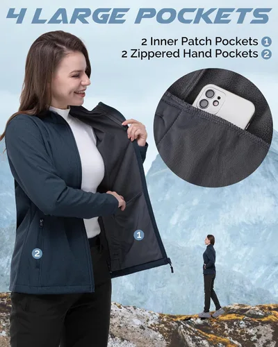 Vista 4 de 33,000ft Chaqueta ligera Softshell para mujer, con forro polar, rompevientos, impermeable, cálida para correr, golf, senderismo
