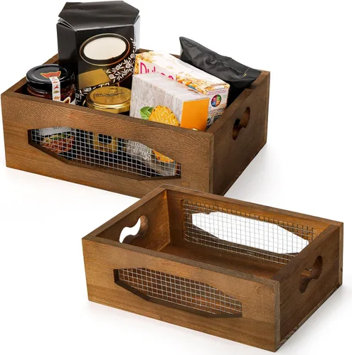 Vista 3 de Okllen Juego de 2 cestas de madera anidables para encimera, caja de almacenamiento decorativa de madera rústica con asas recortadas para pan