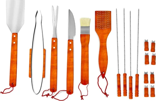 Vista 2 de Home-Complete HC-1001 - Juego de herramientas para barbacoa de madera, 18 piezas, accesorios de barbacoa de acero inoxidable con asas de madera