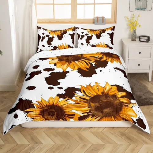 Vista 4 de Funda de edredón con estampado de vaca marrón para niñas y niños, funda de edredón de piel de vaca de las tierras altas, juego de ropa de cama