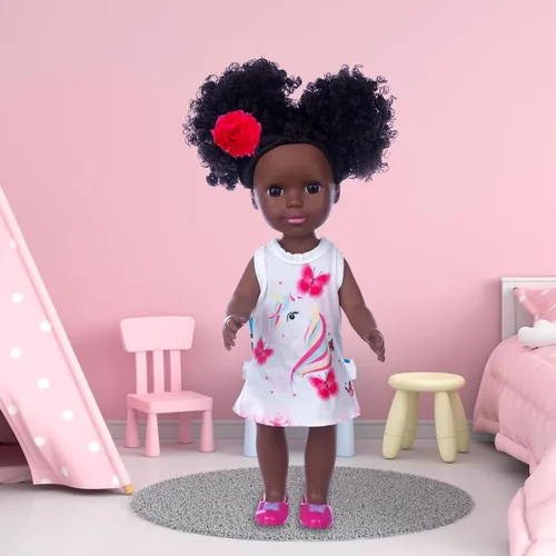 Vista 7 de ZQDOLL Conjunto de ropa de muñeca negra y muñeca de bebé, accesorios para muñecas, 14.5 pulgadas, muñeca afroamericana de silicona con mochila