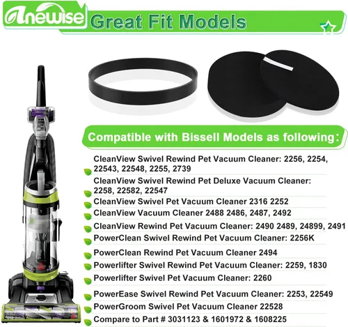 Vista 2 de Anewise Filtro y correa de repuesto para Bissell 2258 2492 2252 2254 2489 2486 2260 para aspiradora giratoria Cleanview Powerlifter Rewind