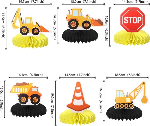 Vista 2 de 6 piezas de construcción de panal de abeja, centro de mesa, letrero de parada, camión volquete, excavadora, tractor, centros de mesa para tema