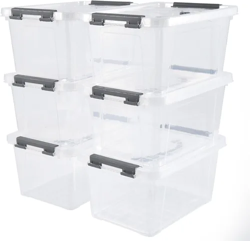 Vista 9 de Eslite Contenedores de almacenamiento apilables de plástico de 6 cuartos de galón, caja de pestillo transparente con asa y tapa, paquete de 6 Mango