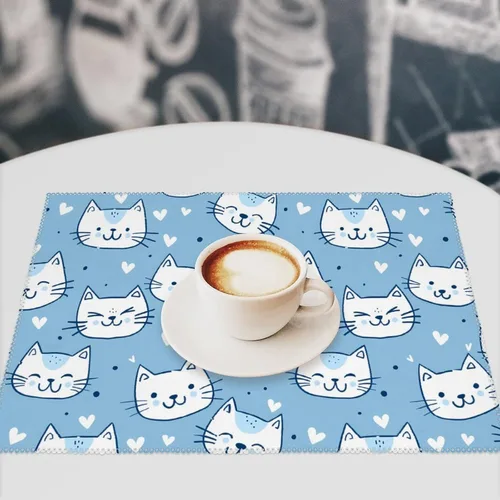 Vista 7 de Cute Light Blue Cat Placemats Set of 6 Resistant Table Mats Washable Place Mats for Dinner Party Table Decoration
