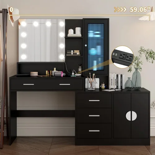 Vista 6 de Escritorio de maquillaje con espejo y luz, espejo de tocador con estación de carga para dormitorio, mesa de maquillaje con estantes