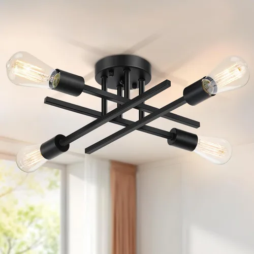 Vista 10 de SunRider Lámpara de Techo Industrial Semiempotrada de 4 Luces, Luces de Casa de Campo Moderna Negro Mate, Candelabro Rústico Sputnik para Dormitorio