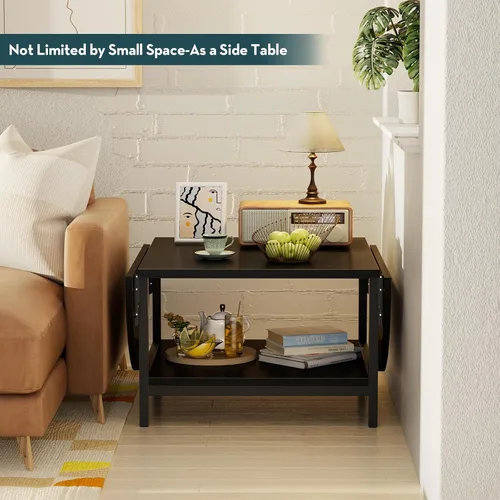 Vista 7 de SAYGOER - Mesa de café negra moderna con extensión y almacenamiento para sala de estar, mesa central única de 2 niveles con dos paneles plegables