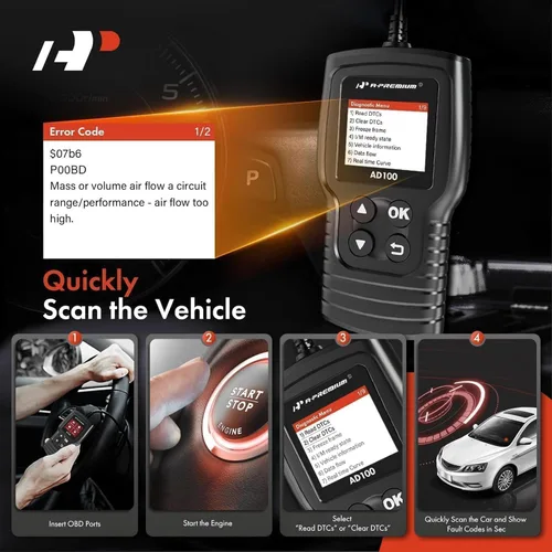 Vista 3 de A-Premium AD100 Herramienta de diagnóstico universal OBD2 escáner, lector de códigos de coche OBDII/EOBD/CAN, comprobar la luz del motor/leer