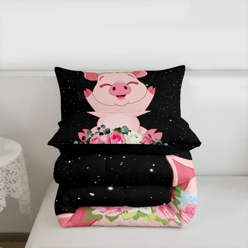 Vista 7 de Erosebridal Juego de edredón de cerdo rosa para niñas, decoración de habitación Kawaii, tamaño individual, relleno de edredón de hojas florales