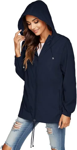 Vista 6 de Chaqueta de lluvia ligera con capucha para mujer, cremallera completa, resistente al viento, cálida, impermeable, rompevientos, deportiva, abrigo