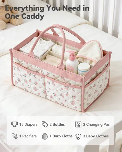 Vista 4 de Tivellary Organizador de pañales para bebé, elegante cesta de almacenamiento para artículos esenciales para recién nacidos, guardería y estación