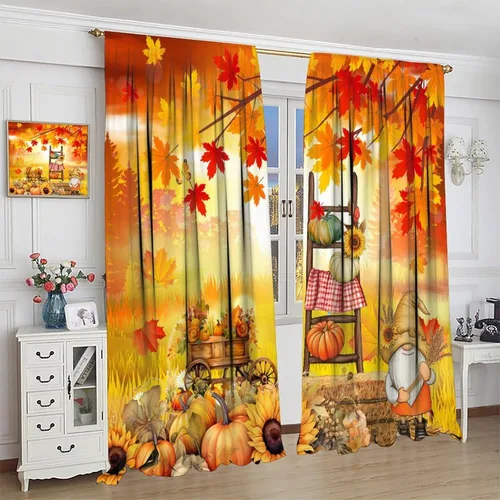 Vista 4 de Cortinas de calabaza enana de otoño, decoración del hogar de Acción de Gracias en otoño, patrón de hojas de arce y girasol, 42 pulgadas de ancho x