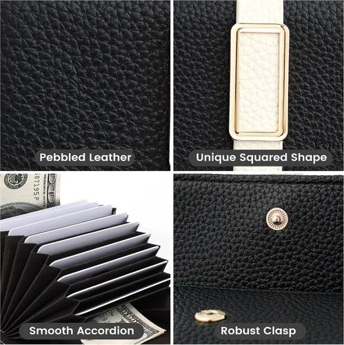 Vista 6 de Pomelo Best Cartera RFID para mujer, pequeña funda de cuero con cremallera y 11 ranuras para tarjetas, Negro, Classic
