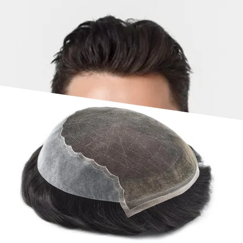 Vista 46 de Toupee para hombres pieza de pelo suave suizo encaje real sistema de cabello humano reemplazo blanqueado nudo mens tupé sistema de pelo para hombres