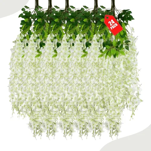 Vista 15 de Paquete de 12 flores colgantes de glicina rosa, flores colgantes falsas de 3.44 pies, guirnalda de glicina artificial para decoración de boda, telón