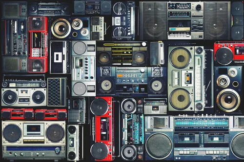Vista 5 de Telón de fondo vintage de los años 80 de 7 x 5 pies, pared retro llena de radio Boombox de los 80 estilo fondo para amplificador antiguo de video