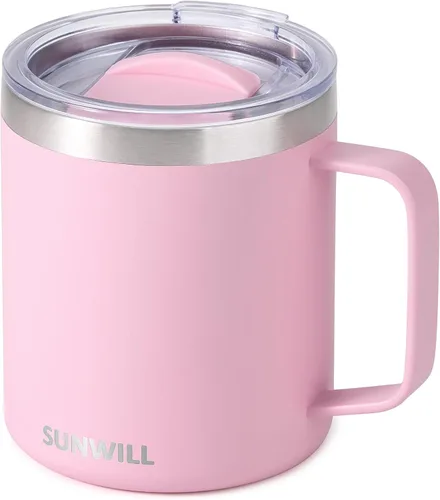 Vista 17 de SUNWILL - Taza de café de viaje con tapa, taza aislada con asa, taza de acero inoxidable de 14 oz para hielo, agua, té, color oro rosa