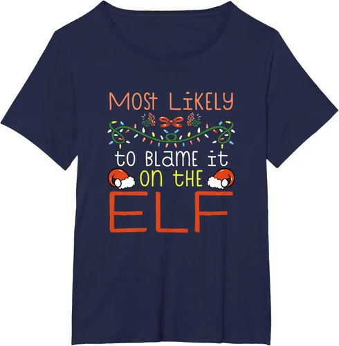 Vista 14 de Camiseta de Navidad familiar a juego con la frase "Most Likely To Blame It On The Elf" Negro