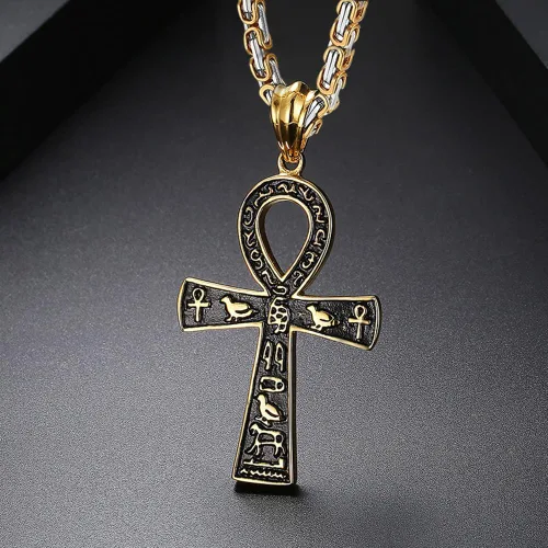 Vista 4 de Collar con colgante de cruz de Ankh copto egipcio antiguo de acero inoxidable para niños, mujeres y hombres, en cadena Rolo de 22 a 24 pulgadas