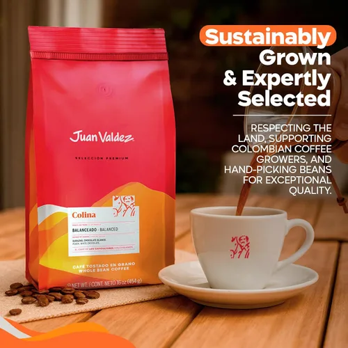 Vista 7 de Juan Valdez Colina - Café de grano entero, tostado equilibrado, 16 onzas, café colombiano de primera calidad, granos únicos "Caracolito" producen un