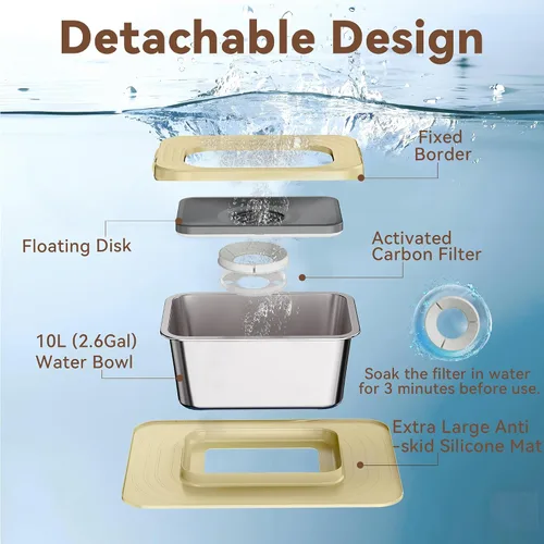 Vista 9 de Cuenco de agua para perros de 10L sin derrames, 2.6 galones de acero inoxidable sin salpicaduras, cuenco de agua grande para perros con alfombrilla