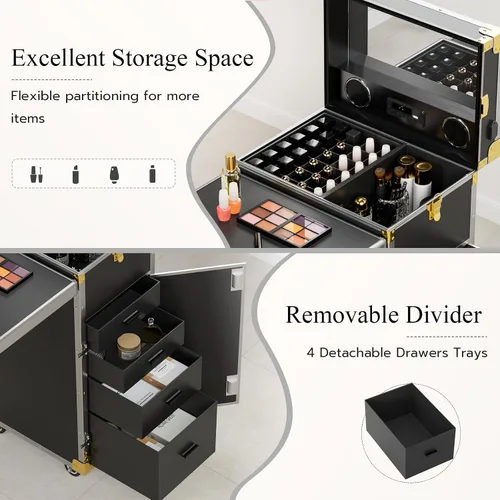 Vista 3 de Icoget Mesa de manicura portátil con ruedas para enseñanza de uñas, escritorio plegable de viaje con almacenamiento, mesa de manicura móvil