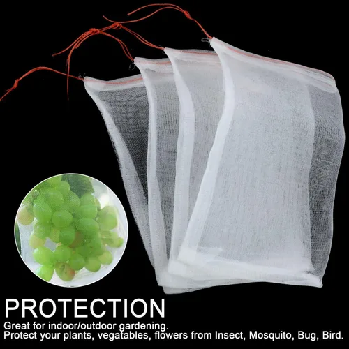 Vista 2 de TITA-DONG 100 bolsas de protección de frutas, bolsas de red de jardín de 6 x 10 pulgadas con cordón, bolsa de barrera para mosquitos, insectos